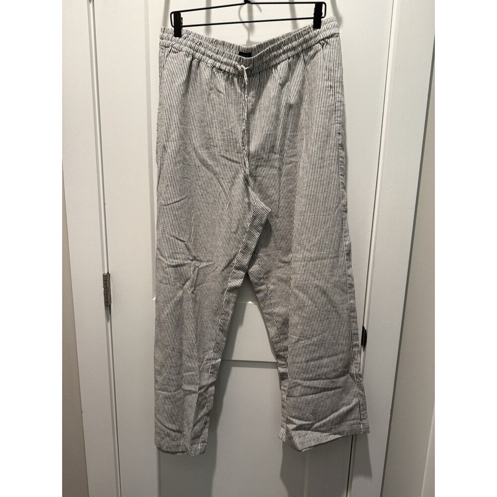 Women’s J.CREW Black Striped Linen-Cotton Blend Drawstring Pant 14 Slim Wide Leg